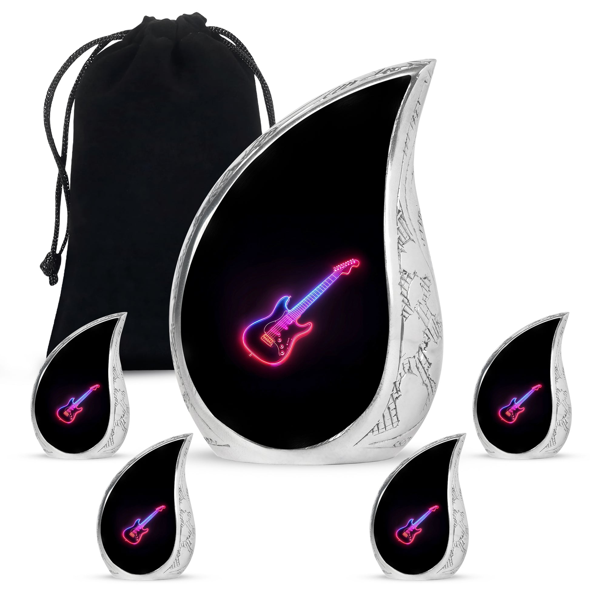 Rich Black Guitar Cremation Urn side profile showing urn shape - rounded teardrop guitar design with delicate detail - memorial set with one large and four small urns