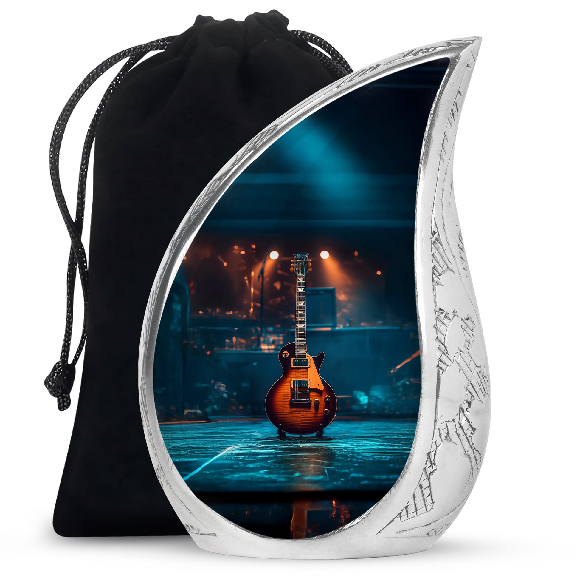 Glossy Black Guitar Cremation Urn front view showing detailed design - rounded teardrop guitar design with delicate detail - full-size 10 inch 200 cubic inch adult cremation urn