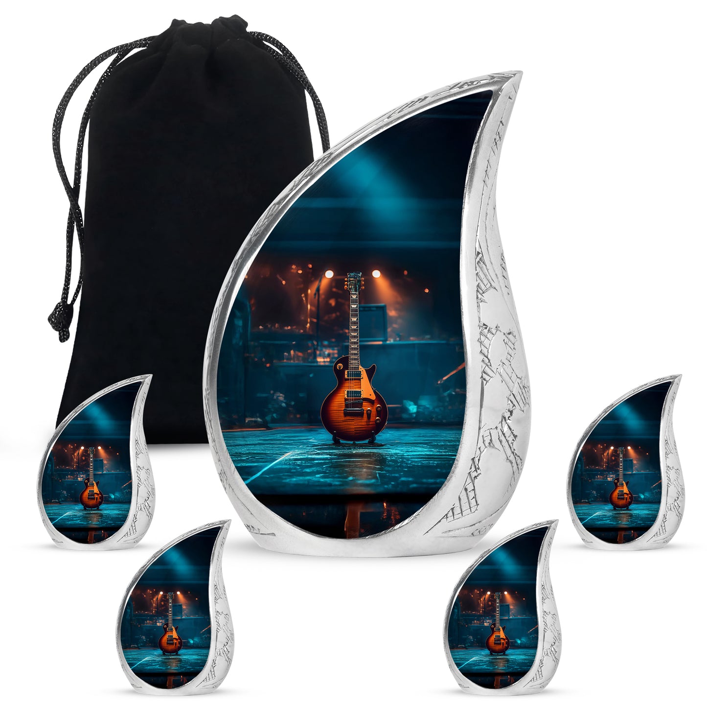 Midnight Black Guitar Cremation Urn side profile showing urn shape - graceful tear-shaped urn with guitar motif - memorial set with one large and four small urns