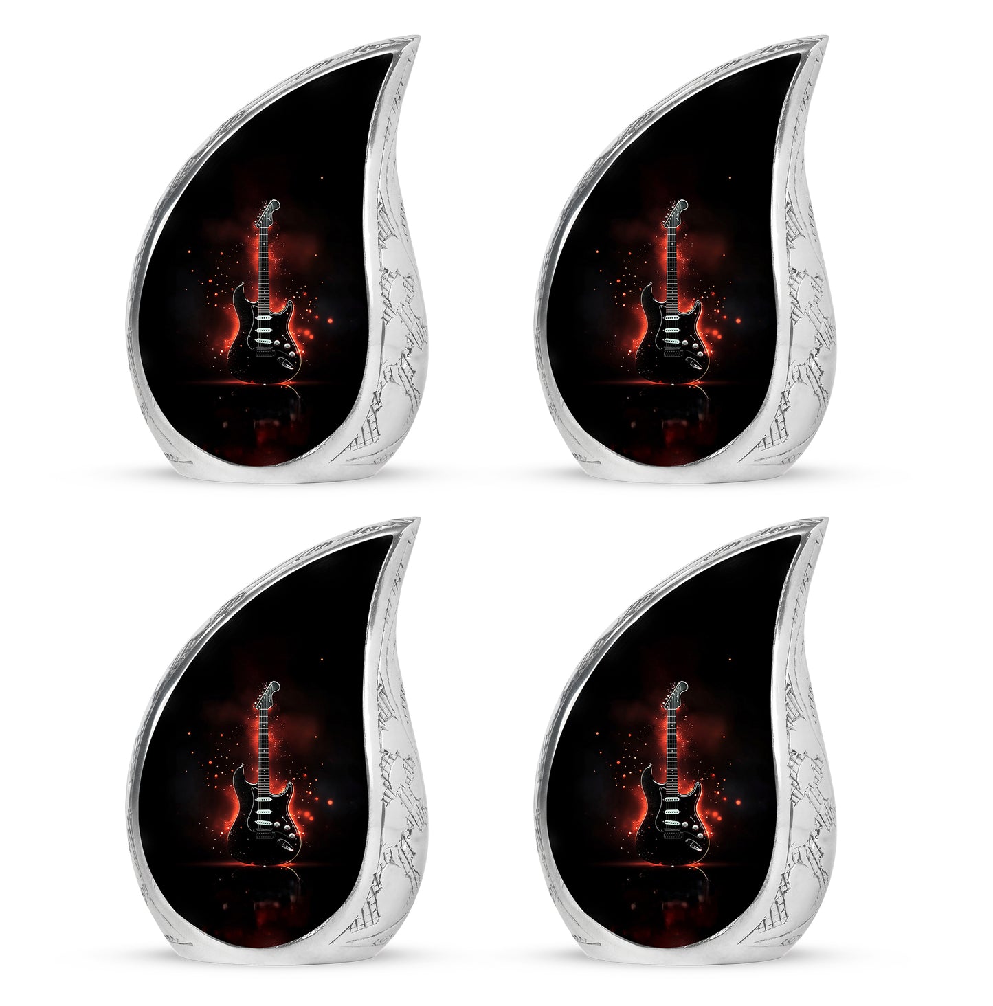 Ebony Guitar Cremation Urn close-up of engraving and surface detail - flowing teardrop guitar silhouette on curved aluminum - 10 inch aluminum urn for cremated remains
