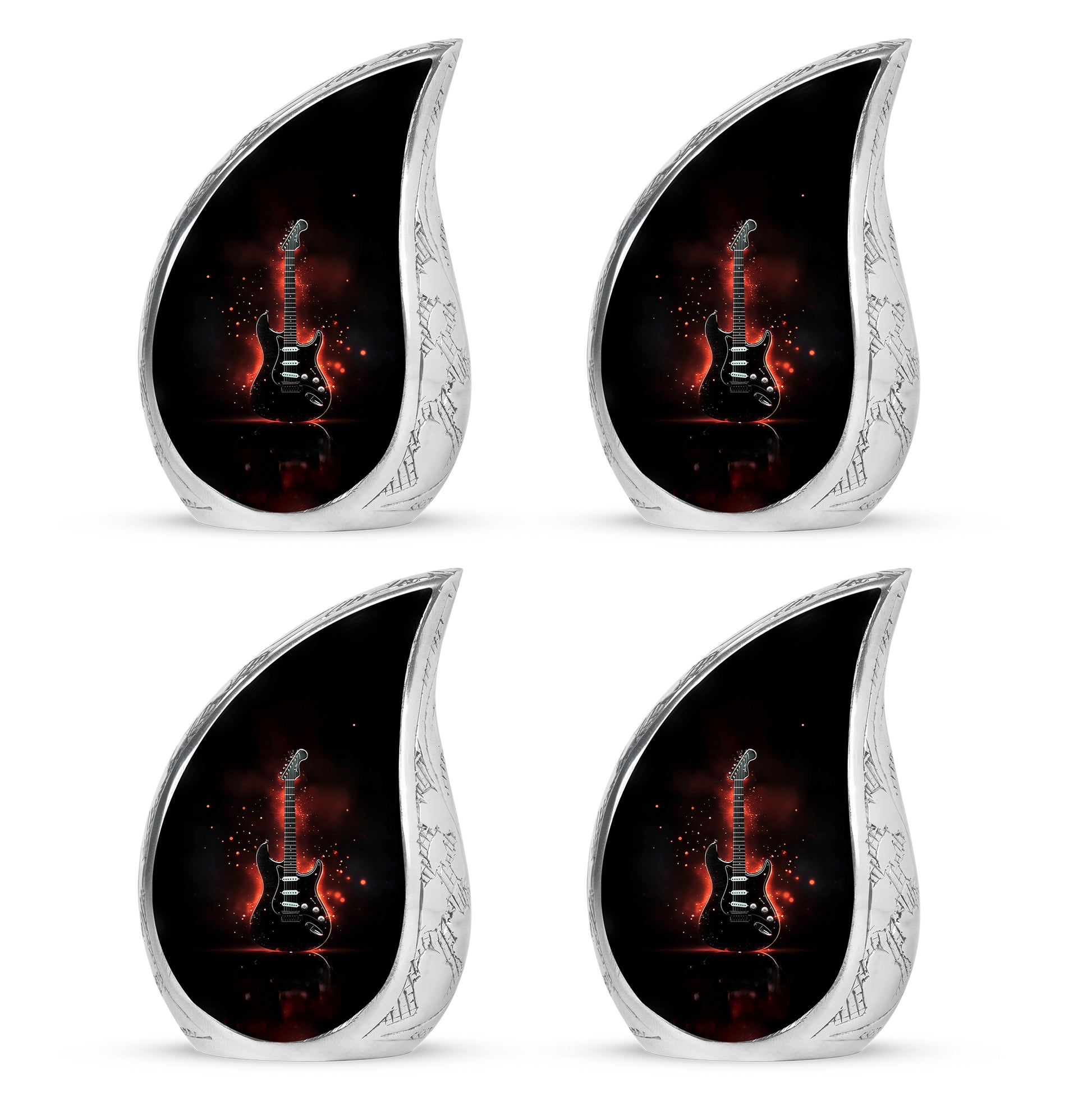 Ebony Guitar Cremation Urn close-up of engraving and surface detail - flowing teardrop guitar silhouette on curved aluminum - 10 inch aluminum urn for cremated remains