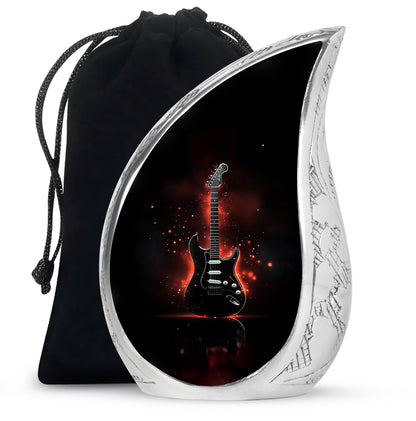 Obsidian Black Guitar Cremation Urn front view showing detailed design - smooth teardrop contour featuring guitar art - full-size 10 inch 200 cubic inch adult cremation urn