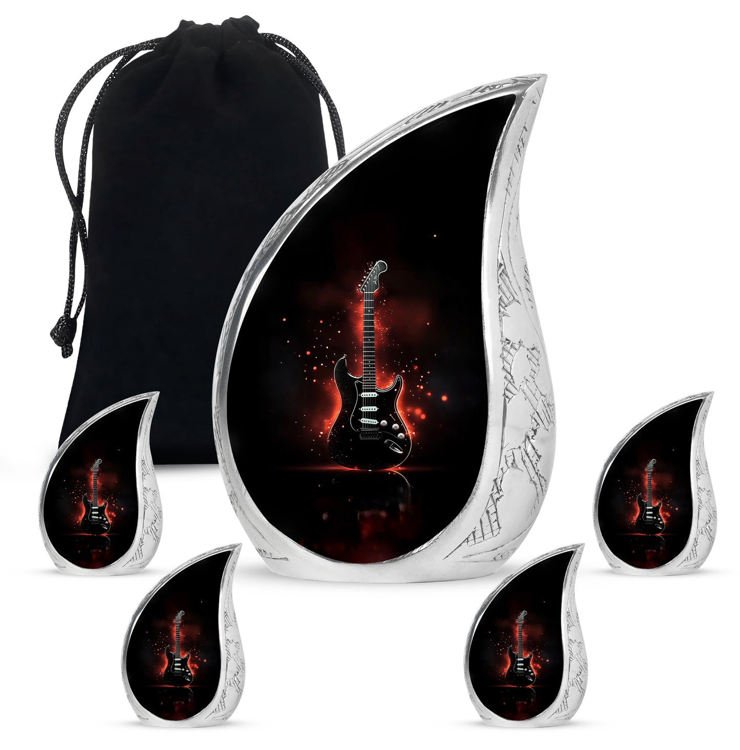 Obsidian Black Guitar Cremation Urn side profile showing urn shape - graceful tear-shaped urn with guitar motif - memorial set with one large and four small urns