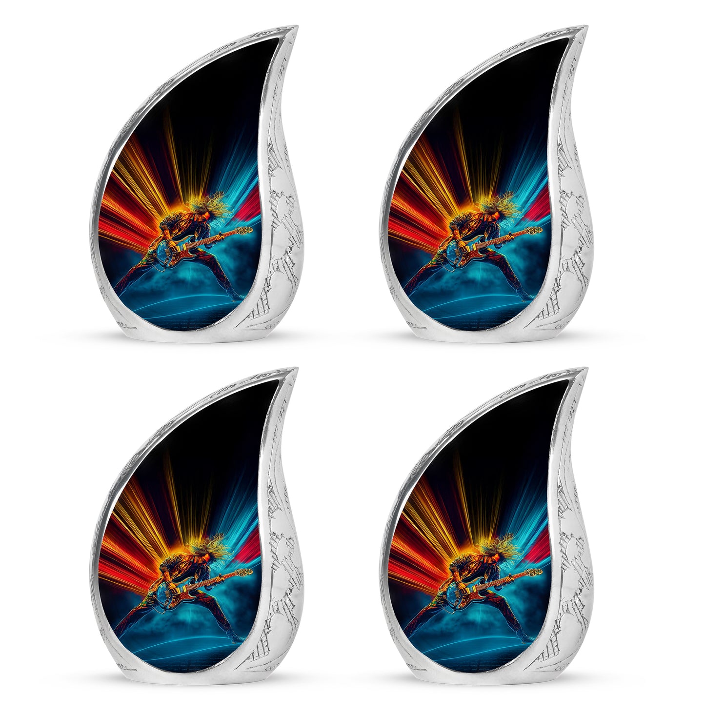 Deep Black Guitar Cremation Urn close-up of engraving and surface detail - flowing teardrop guitar silhouette on curved aluminum - 10 inch aluminum urn for cremated remains