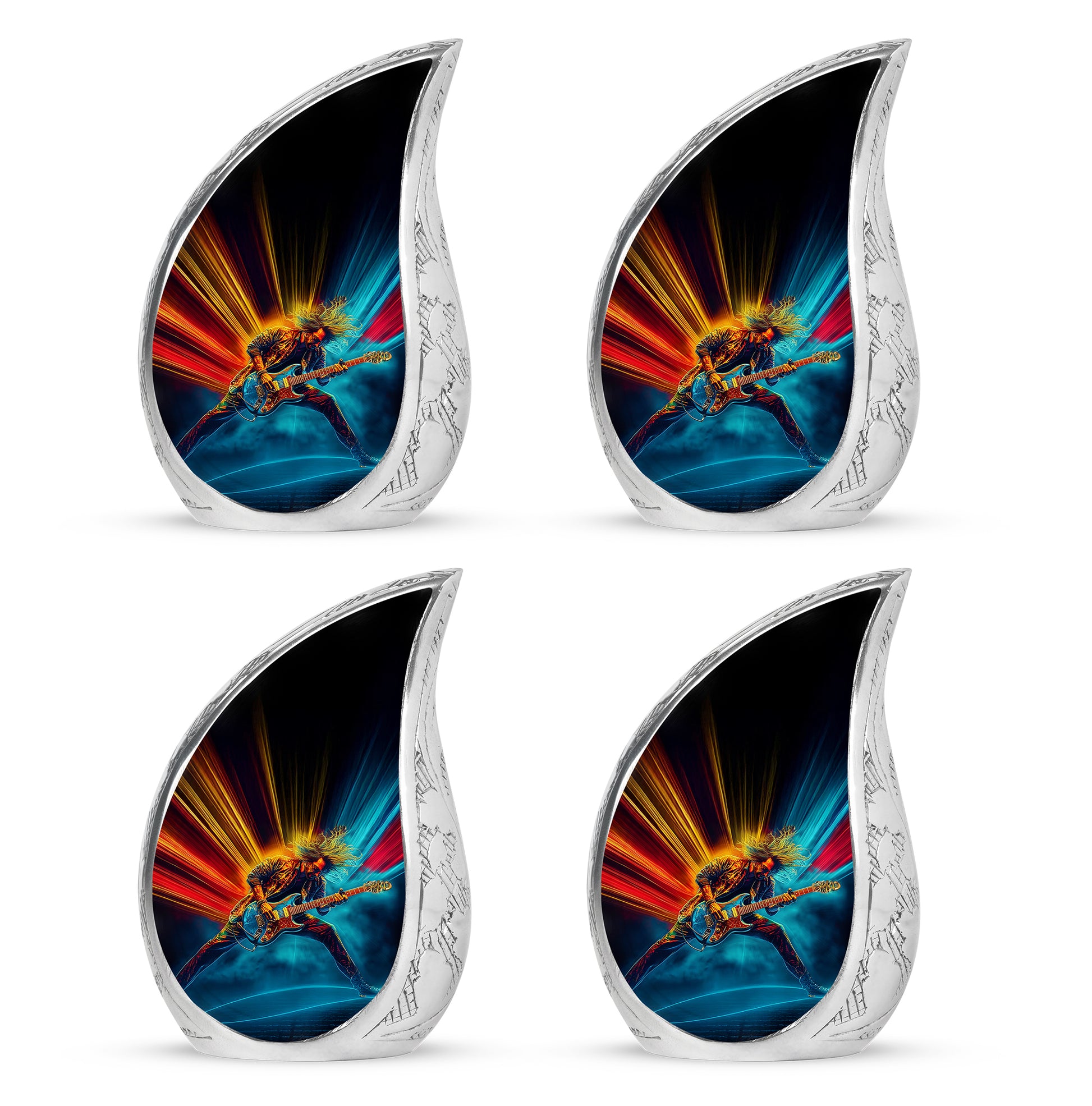 Deep Black Guitar Cremation Urn close-up of engraving and surface detail - flowing teardrop guitar silhouette on curved aluminum - 10 inch aluminum urn for cremated remains