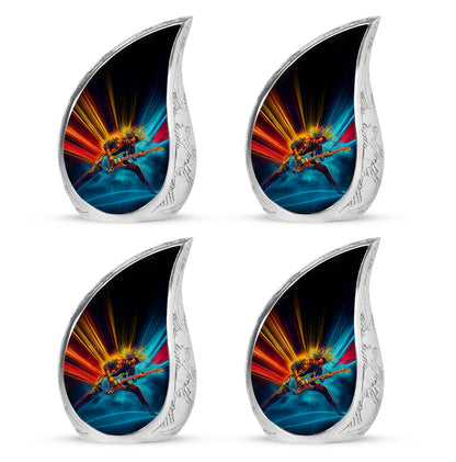 Deep Black Guitar Cremation Urn close-up of engraving and surface detail - flowing teardrop guitar silhouette on curved aluminum - 10 inch aluminum urn for cremated remains