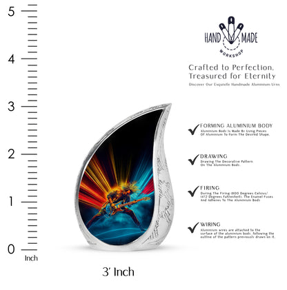 Dark Black Guitar Cremation Urn angled view of lid and engraved motif - smooth teardrop contour featuring guitar art - mini keepsake memorial for portion of cremation ashes