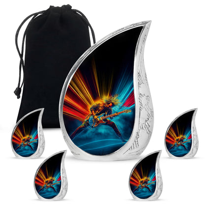 Jet Black Guitar Cremation Urn side profile showing urn shape - rounded teardrop guitar design with delicate detail - memorial set with one large and four small urns