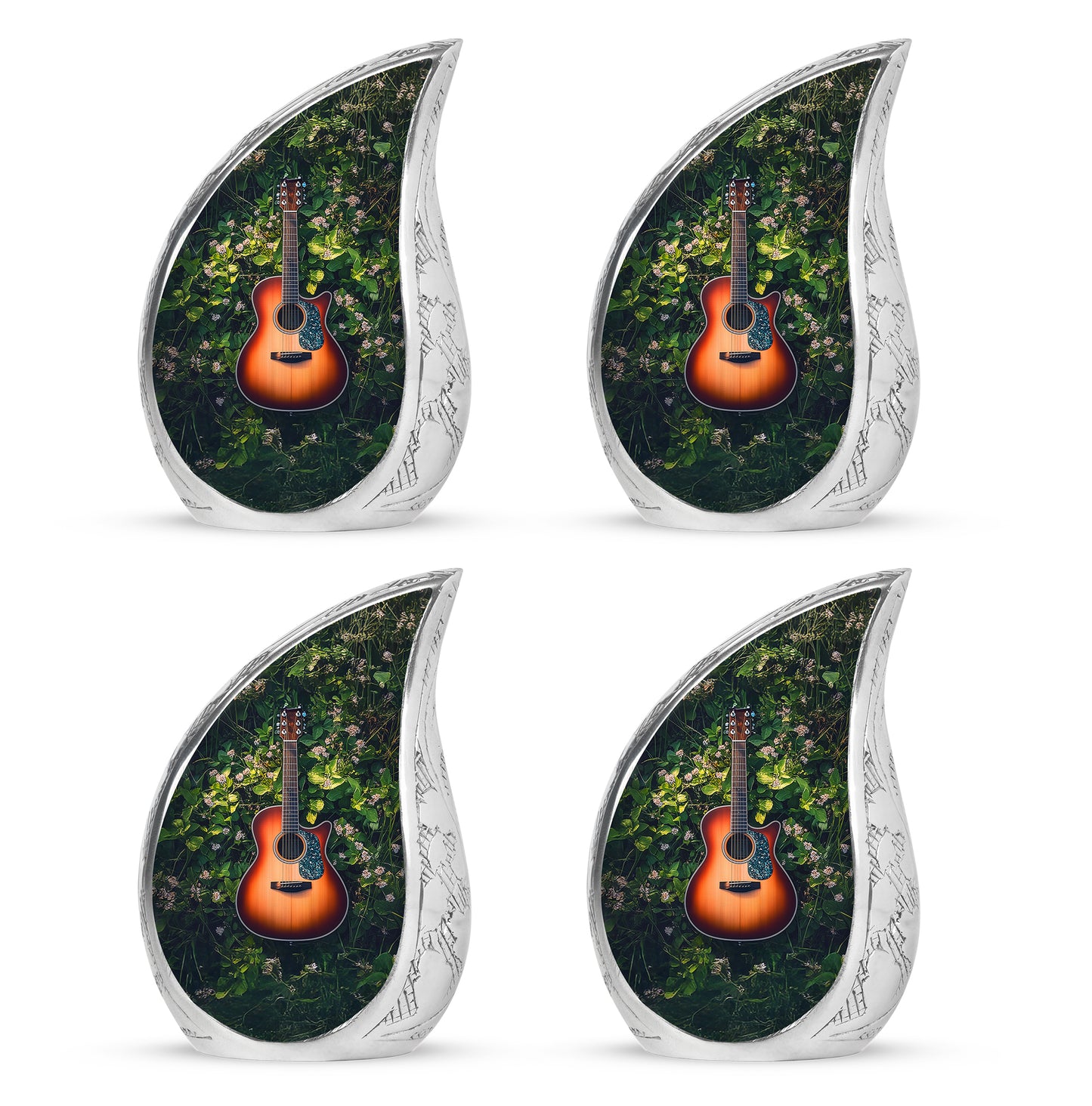 Verdant Green Guitar Cremation Urn close-up of engraving and surface detail - rounded teardrop guitar design with delicate detail - 10 inch aluminum urn for cremated remains