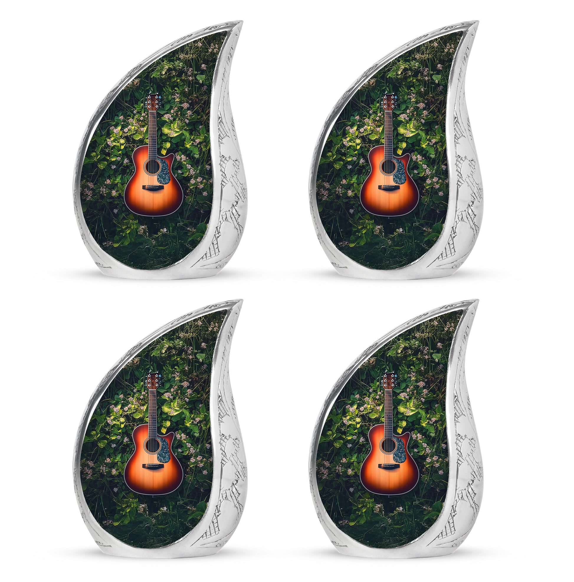 Verdant Green Guitar Cremation Urn close-up of engraving and surface detail - rounded teardrop guitar design with delicate detail - 10 inch aluminum urn for cremated remains