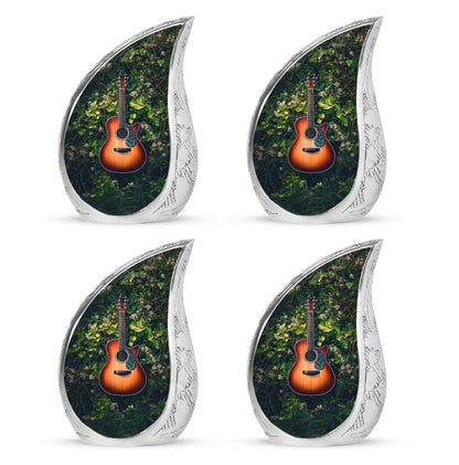 Verdant Green Guitar Cremation Urn close-up of engraving and surface detail - rounded teardrop guitar design with delicate detail - 10 inch aluminum urn for cremated remains