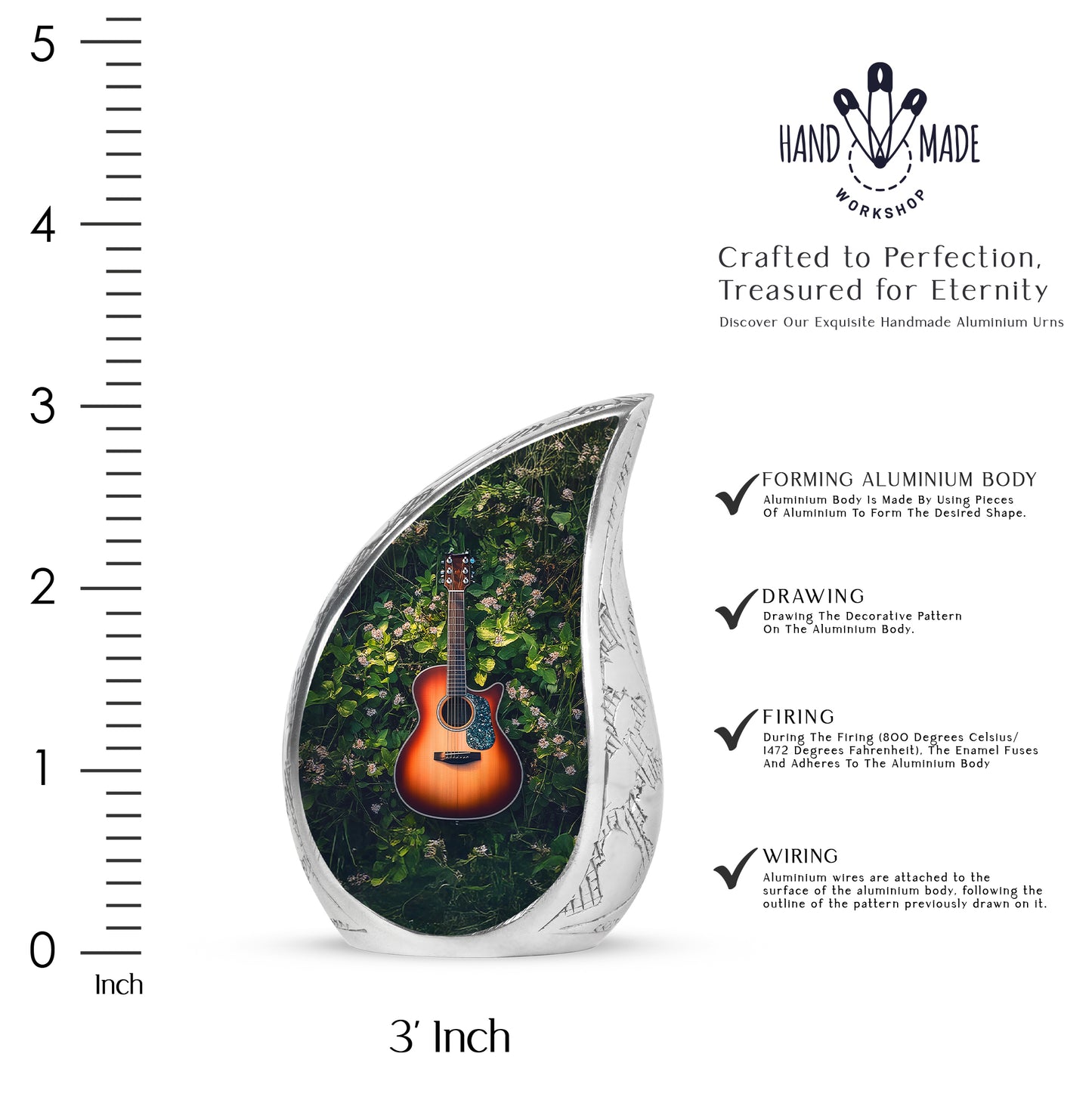 Mint Green Guitar Cremation Urn angled view of lid and engraved motif - smooth teardrop contour featuring guitar art - mini keepsake memorial for portion of cremation ashes