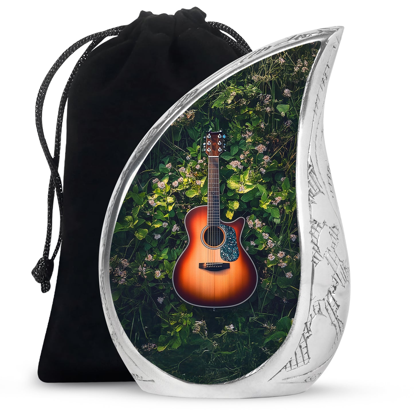 Mint Green Guitar Cremation Urn front view showing detailed design - smooth teardrop contour featuring guitar art - full-size 10 inch 200 cubic inch adult cremation urn