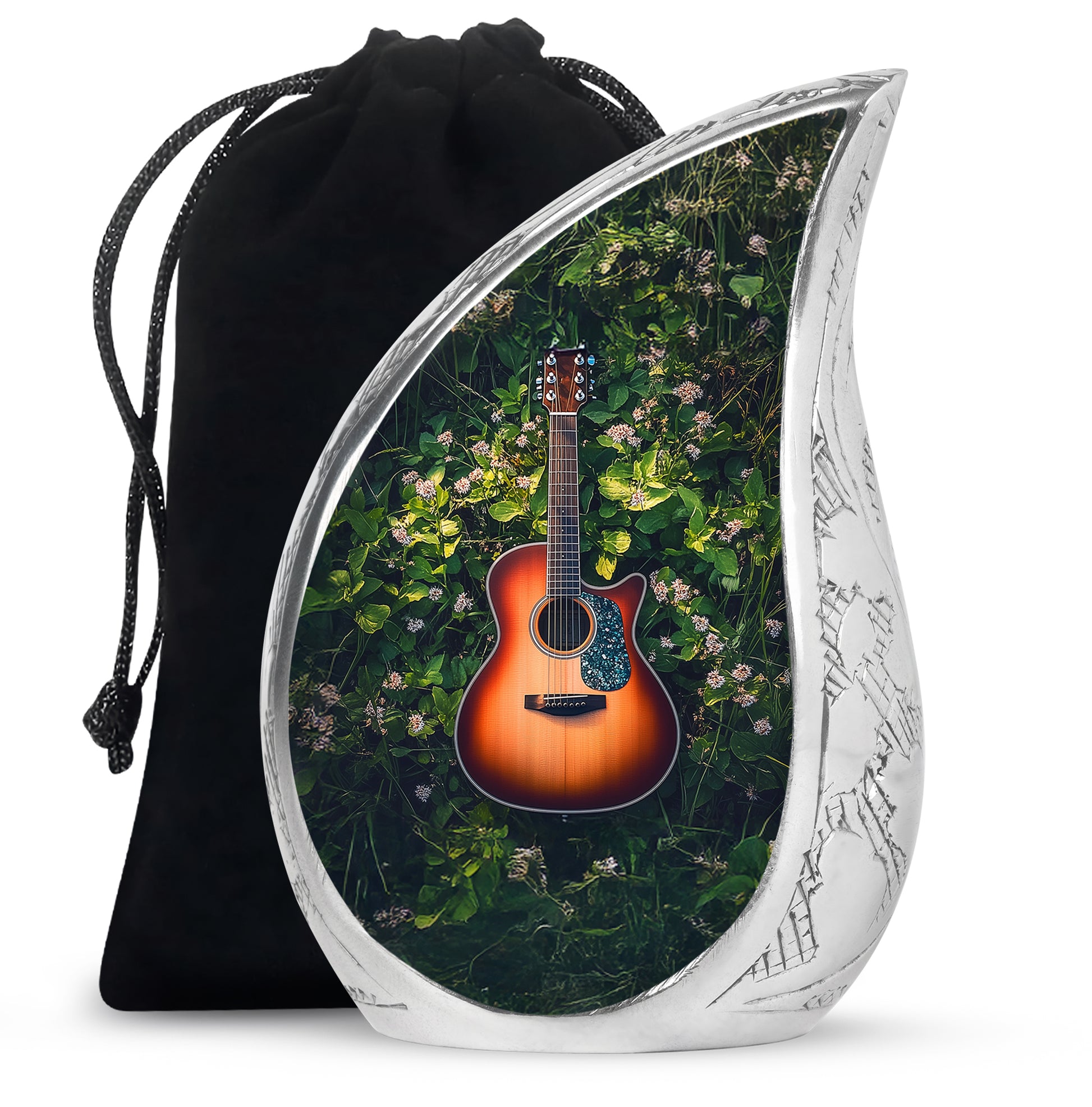 Mint Green Guitar Cremation Urn front view showing detailed design - smooth teardrop contour featuring guitar art - full-size 10 inch 200 cubic inch adult cremation urn