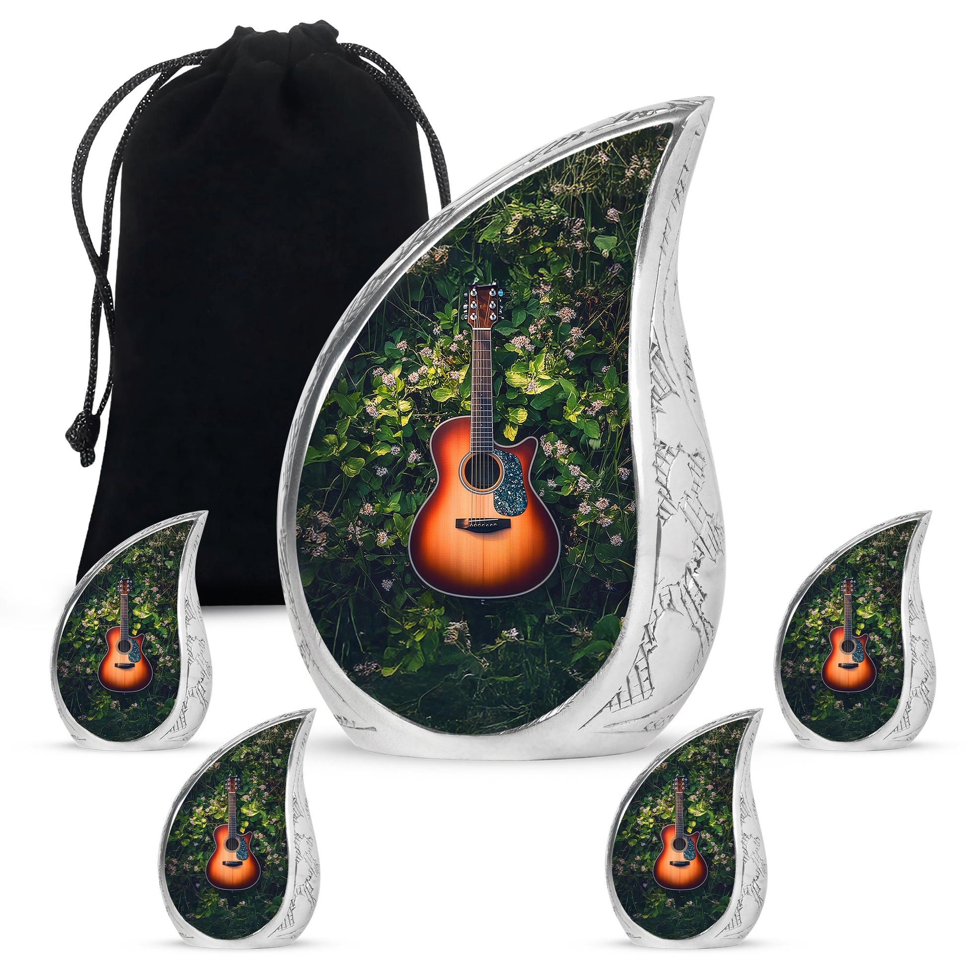 Emerald Green Guitar Cremation Urn side profile showing urn shape - flowing teardrop guitar silhouette on curved aluminum - memorial set with one large and four small urns