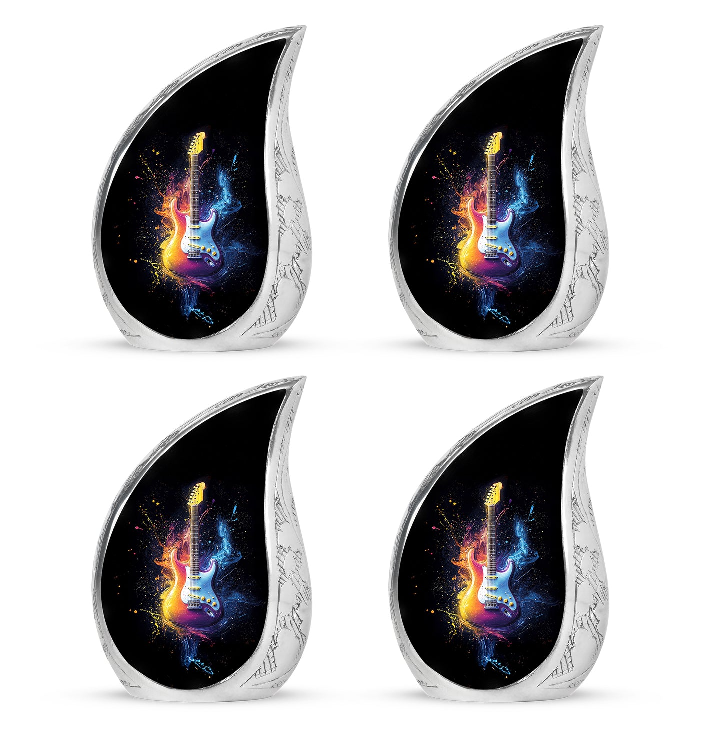 Ebony Guitar Cremation Urn close-up of engraving and surface detail - flowing teardrop guitar silhouette on curved aluminum - 10 inch aluminum urn for cremated remains