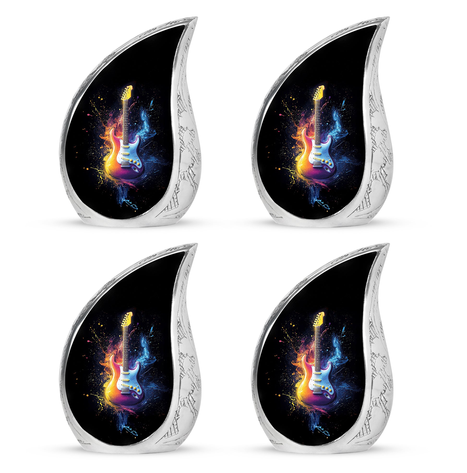 Ebony Guitar Cremation Urn close-up of engraving and surface detail - flowing teardrop guitar silhouette on curved aluminum - 10 inch aluminum urn for cremated remains