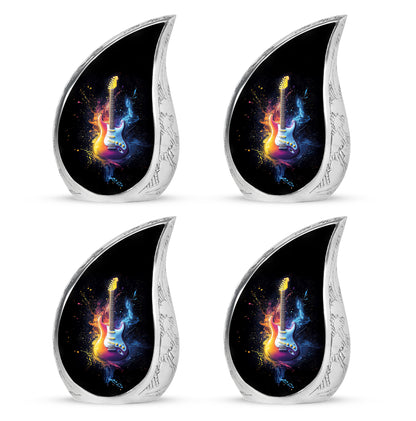 Ebony Guitar Cremation Urn close-up of engraving and surface detail - flowing teardrop guitar silhouette on curved aluminum - 10 inch aluminum urn for cremated remains