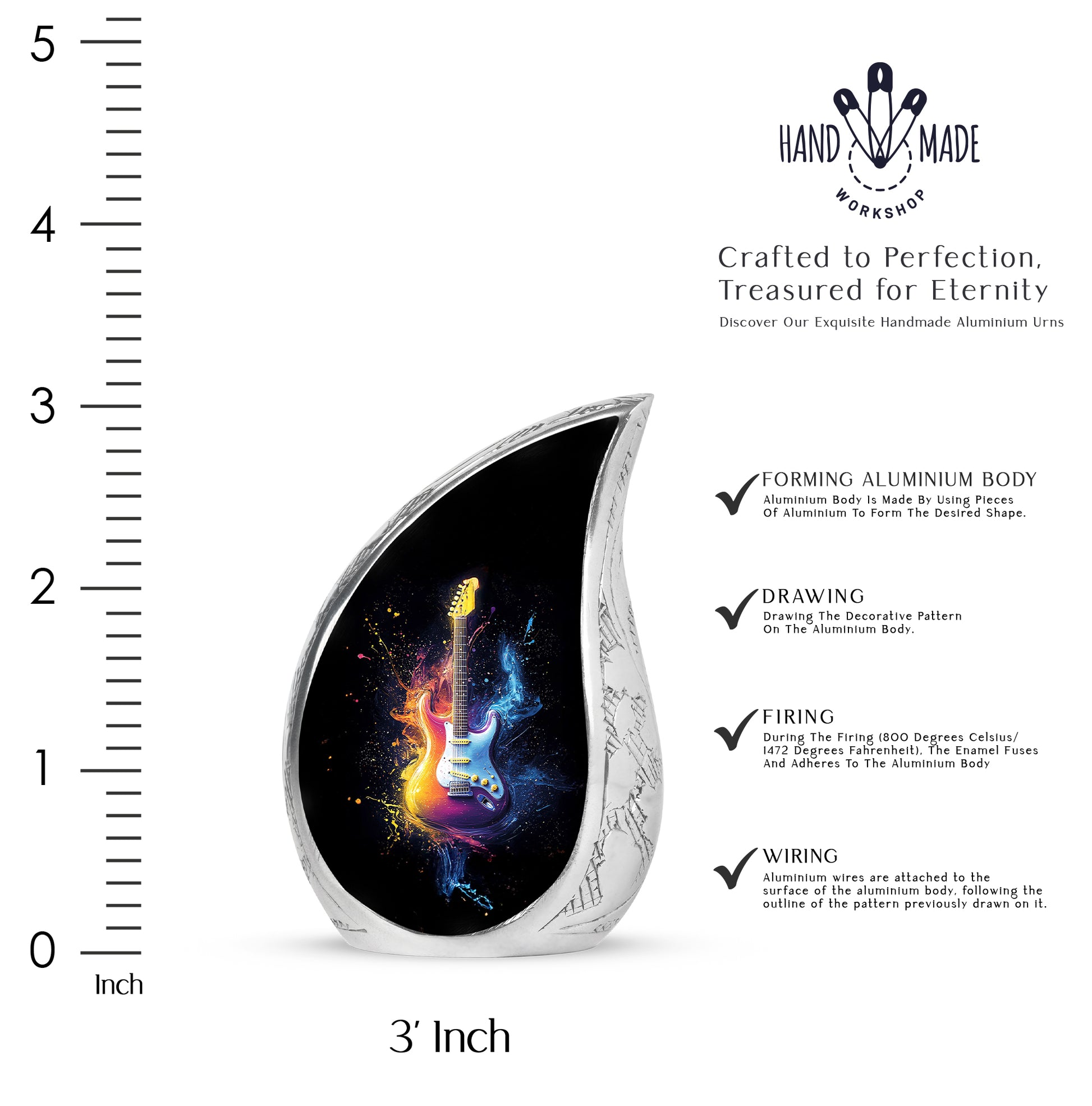 Glossy Black Guitar Cremation Urn angled view of lid and engraved motif - rounded teardrop guitar design with delicate detail - mini keepsake memorial for portion of cremation ashes