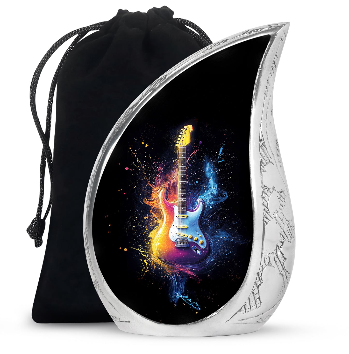 Deep Black Guitar Cremation Urn front view showing detailed design - flowing teardrop guitar silhouette on curved aluminum - full-size 10 inch 200 cubic inch adult cremation urn
