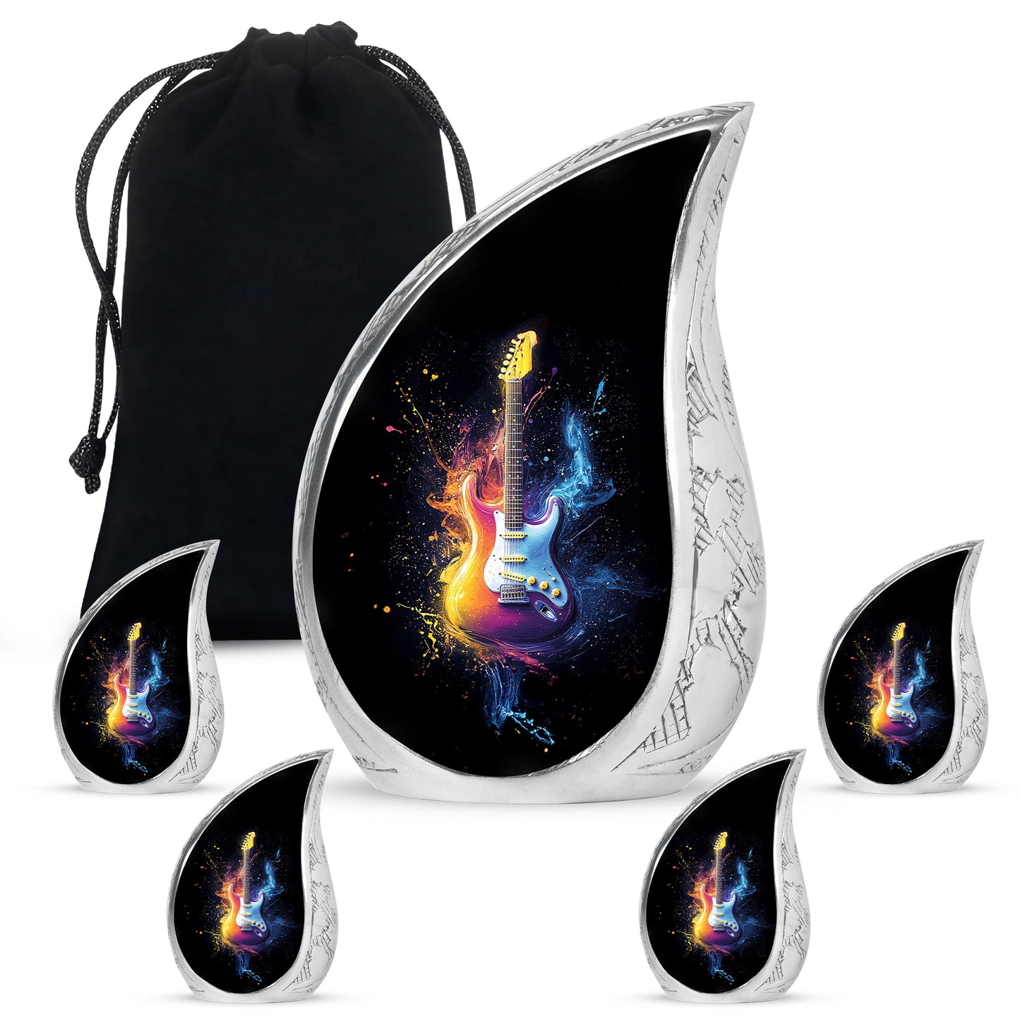 Charcoal Black Guitar Cremation Urn side profile showing urn shape - smooth teardrop contour featuring guitar art - memorial set with one large and four small urns