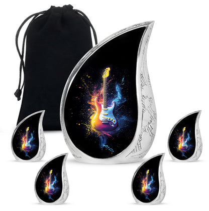 Charcoal Black Guitar Cremation Urn side profile showing urn shape - smooth teardrop contour featuring guitar art - memorial set with one large and four small urns