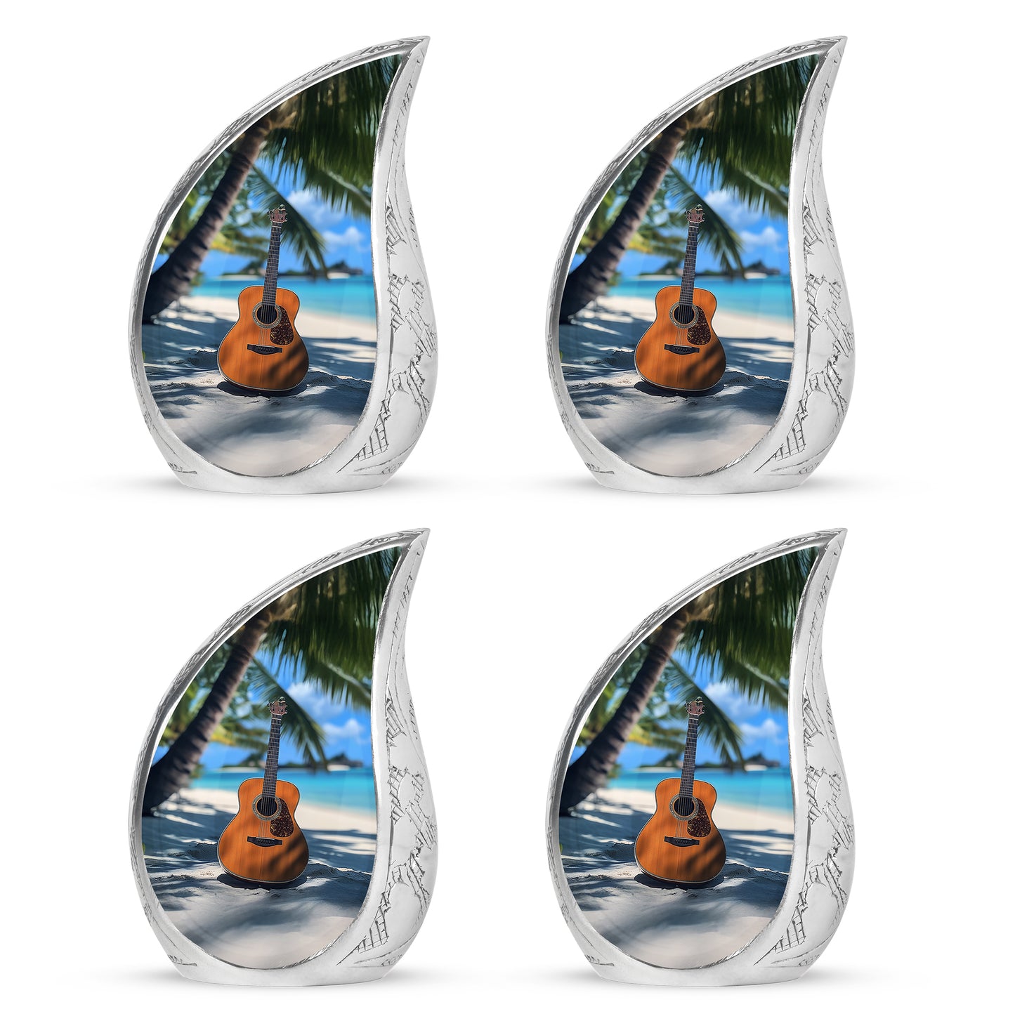 Pastel Blue Guitar Cremation Urn close-up of engraving and surface detail - rounded teardrop guitar design with delicate detail - 10 inch aluminum urn for cremated remains