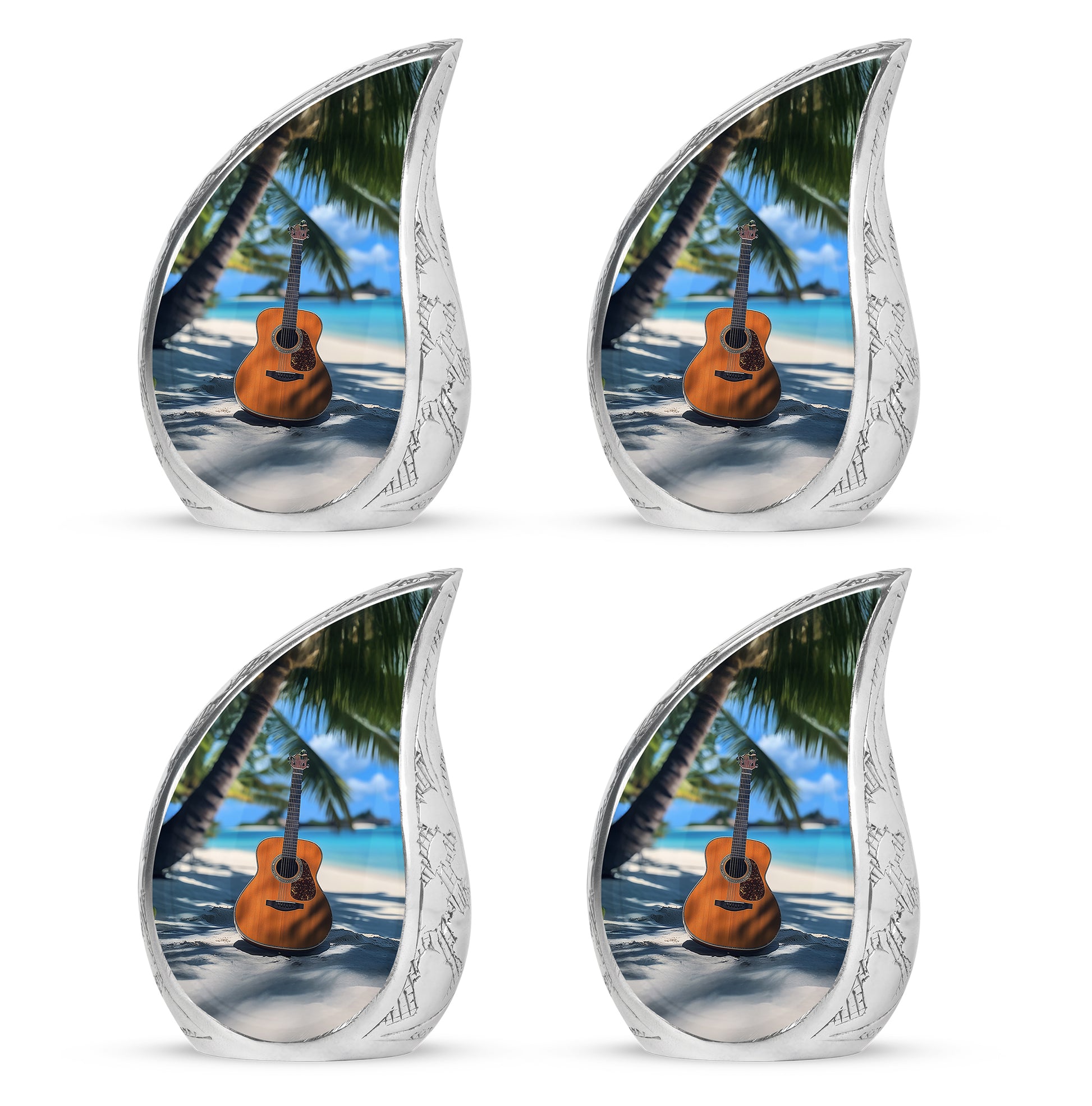 Pastel Blue Guitar Cremation Urn close-up of engraving and surface detail - rounded teardrop guitar design with delicate detail - 10 inch aluminum urn for cremated remains