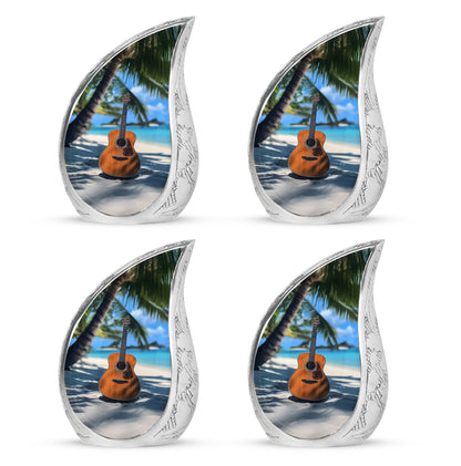Pastel Blue Guitar Cremation Urn close-up of engraving and surface detail - rounded teardrop guitar design with delicate detail - 10 inch aluminum urn for cremated remains