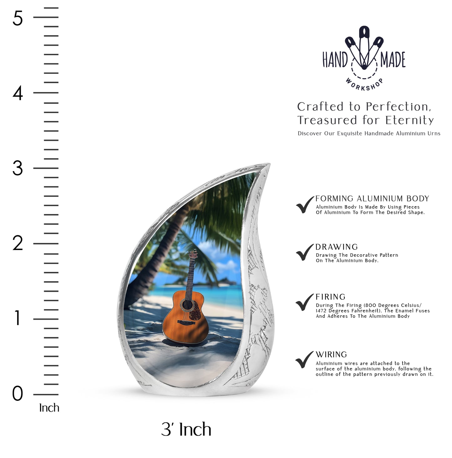 Celestial Blue Guitar Cremation Urn angled view of lid and engraved motif - flowing teardrop guitar silhouette on curved aluminum - mini keepsake memorial for portion of cremation ashes