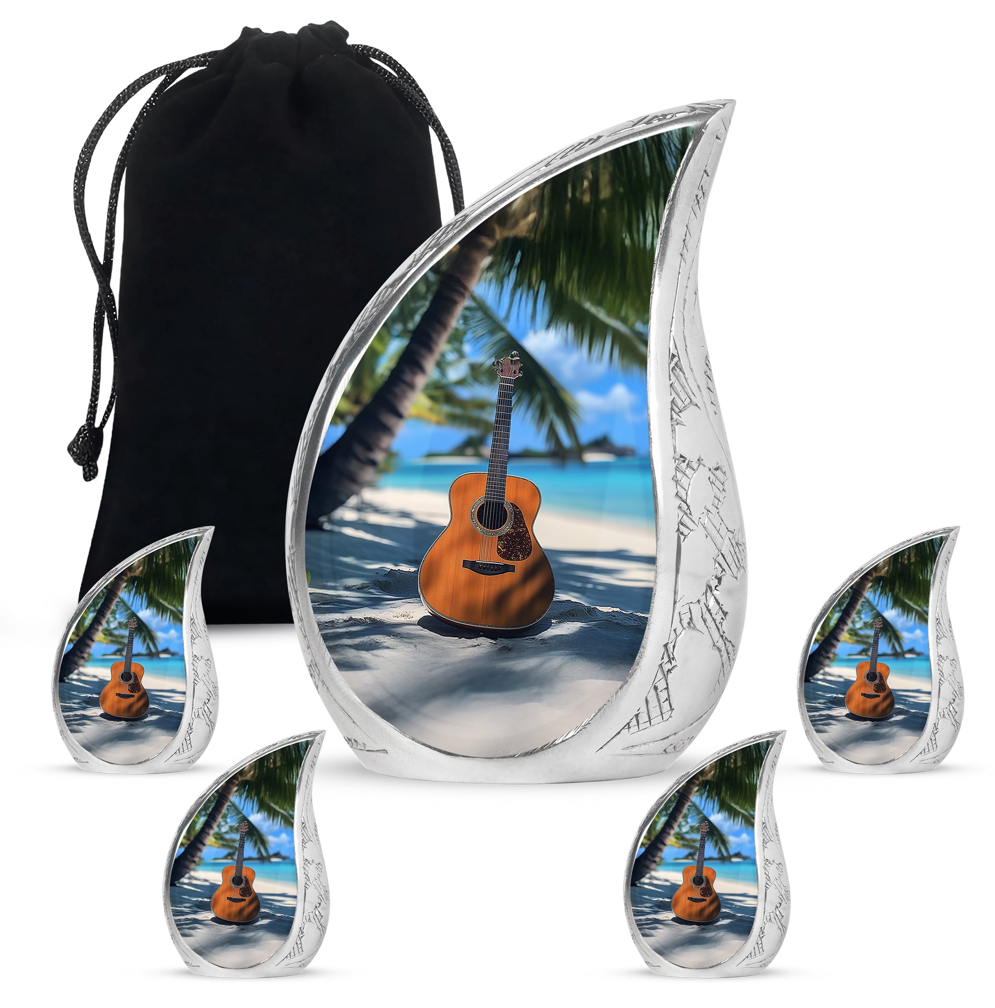 Sky Blue Guitar Cremation Urn side profile showing urn shape - flowing teardrop guitar silhouette on curved aluminum - memorial set with one large and four small urns