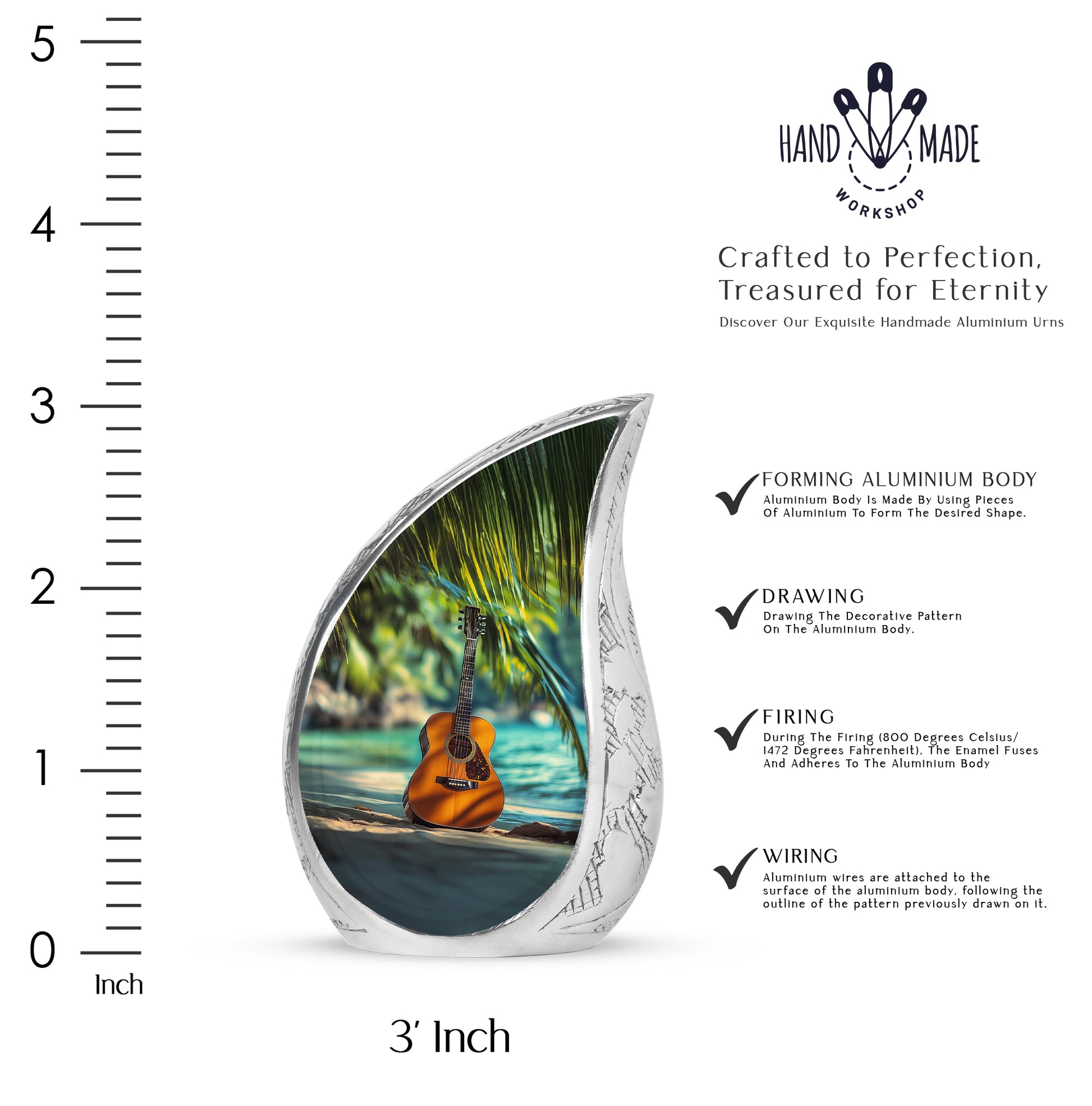 Amber Gold Guitar Cremation Urn angled view of lid and engraved motif - flowing teardrop guitar silhouette on curved aluminum - mini keepsake memorial for portion of cremation ashes