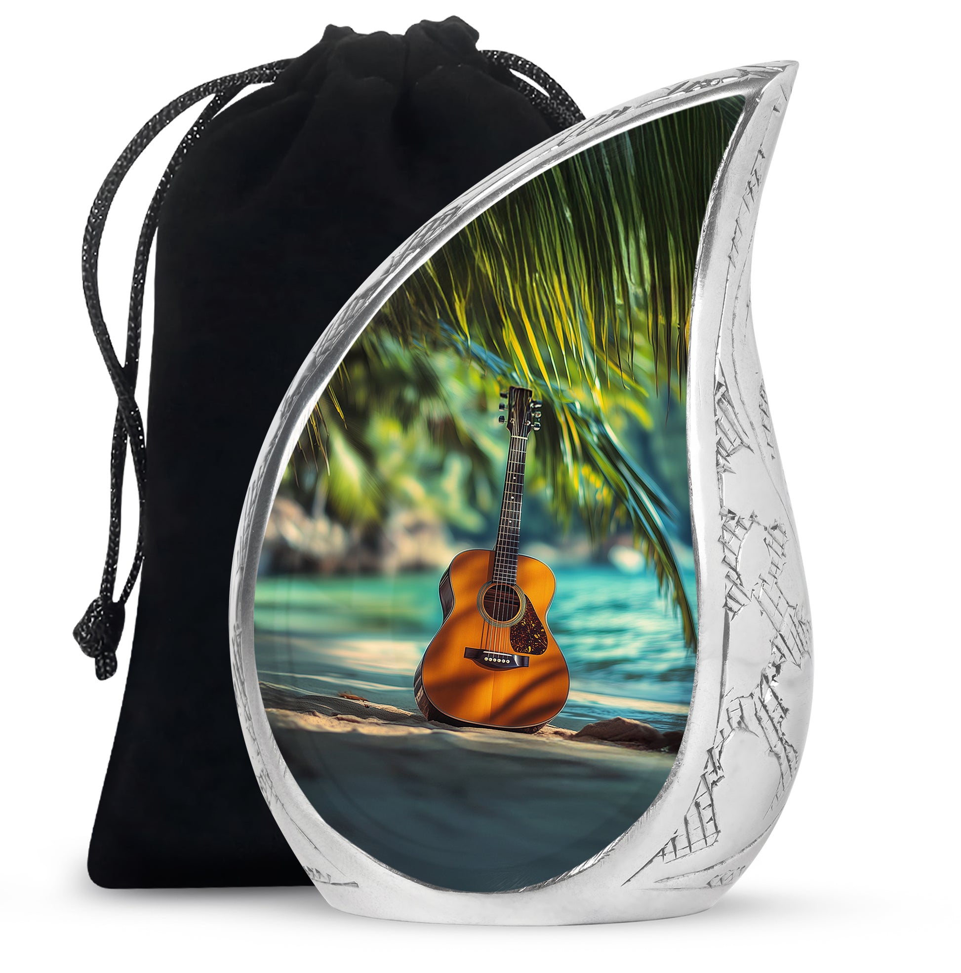 Gilded Gold Guitar Cremation Urn front view showing detailed design - flowing teardrop guitar silhouette on curved aluminum - full-size 10 inch 200 cubic inch adult cremation urn