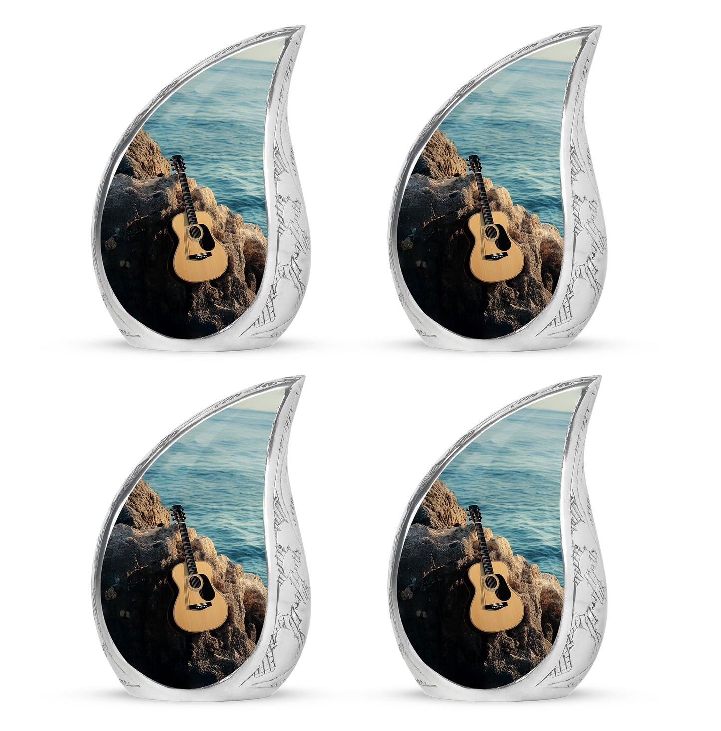 Sea Green Teal Guitar Cremation Urn close-up of engraving and surface detail - flowing teardrop guitar silhouette on curved aluminum - 10 inch aluminum urn for cremated remains
