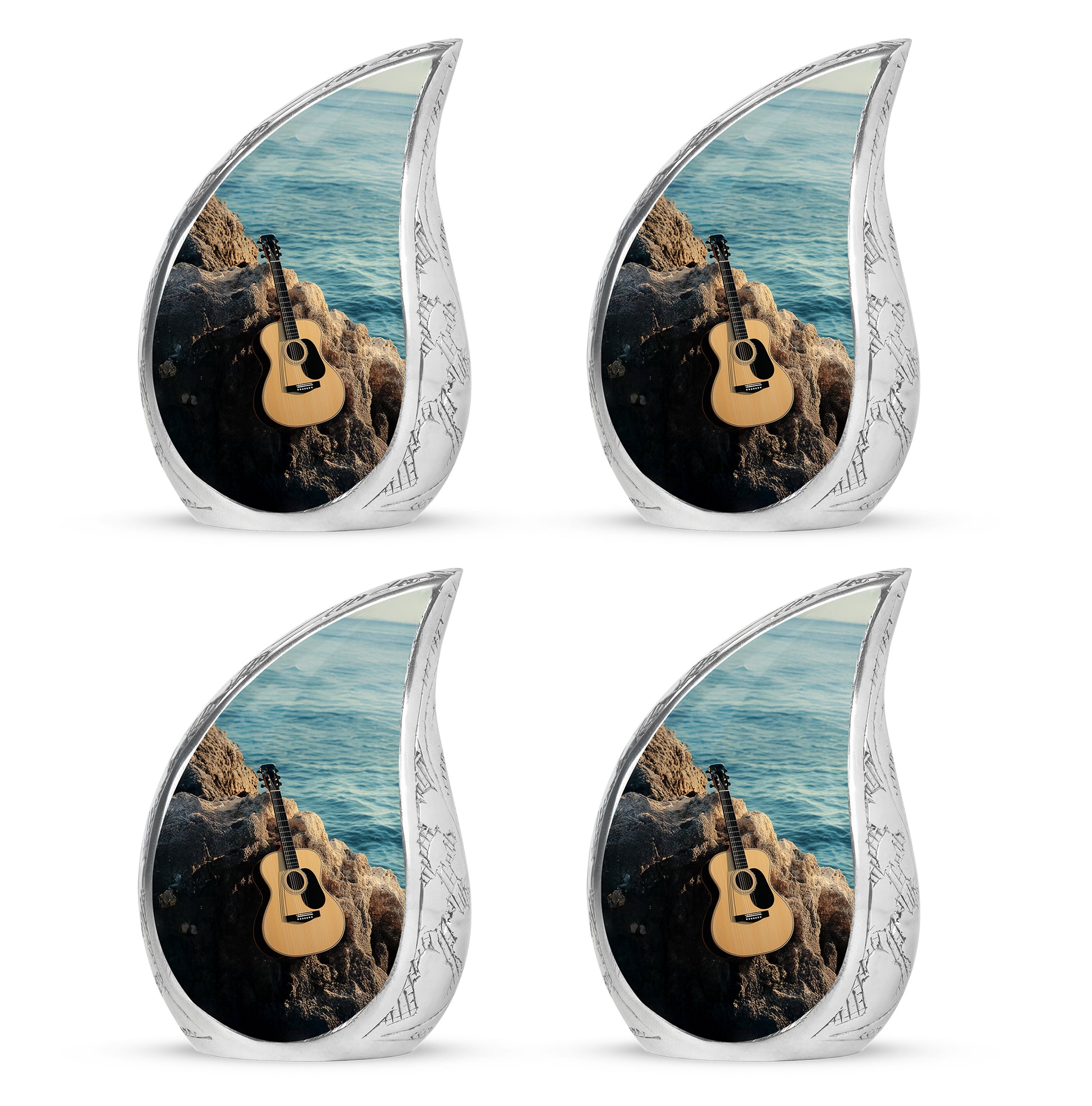 Sea Green Teal Guitar Cremation Urn close-up of engraving and surface detail - flowing teardrop guitar silhouette on curved aluminum - 10 inch aluminum urn for cremated remains