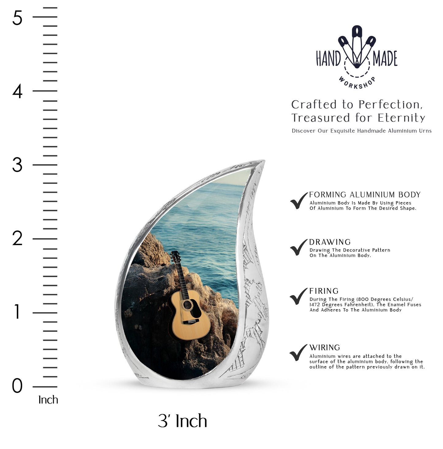 Deep Teal Guitar Cremation Urn angled view of lid and engraved motif - smooth teardrop contour featuring guitar art - mini keepsake memorial for portion of cremation ashes