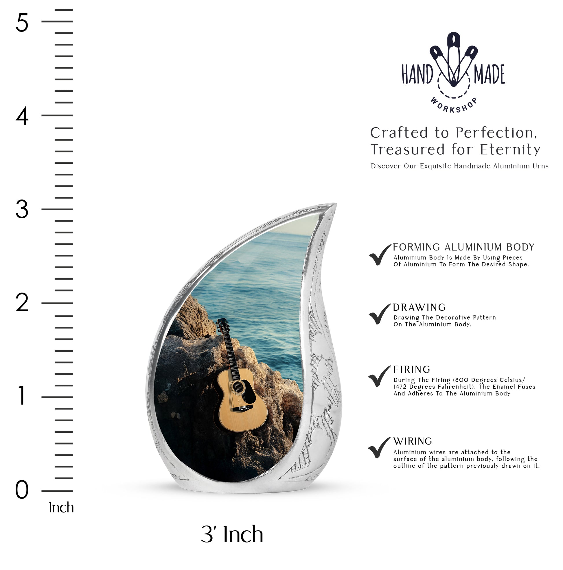Deep Teal Guitar Cremation Urn angled view of lid and engraved motif - smooth teardrop contour featuring guitar art - mini keepsake memorial for portion of cremation ashes