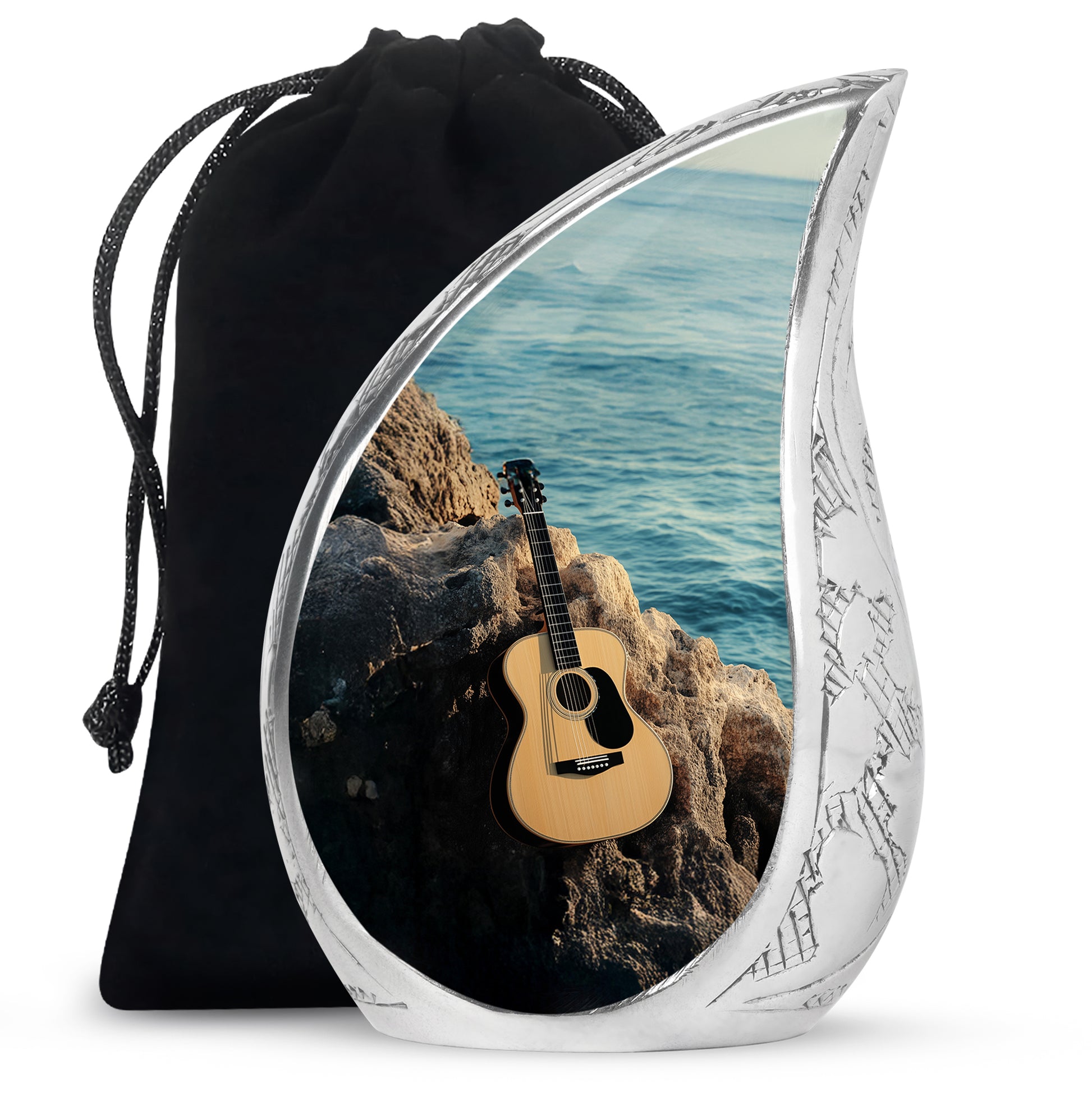Ocean Teal Guitar Cremation Urn front view showing detailed design - flowing teardrop guitar silhouette on curved aluminum - full-size 10 inch 200 cubic inch adult cremation urn