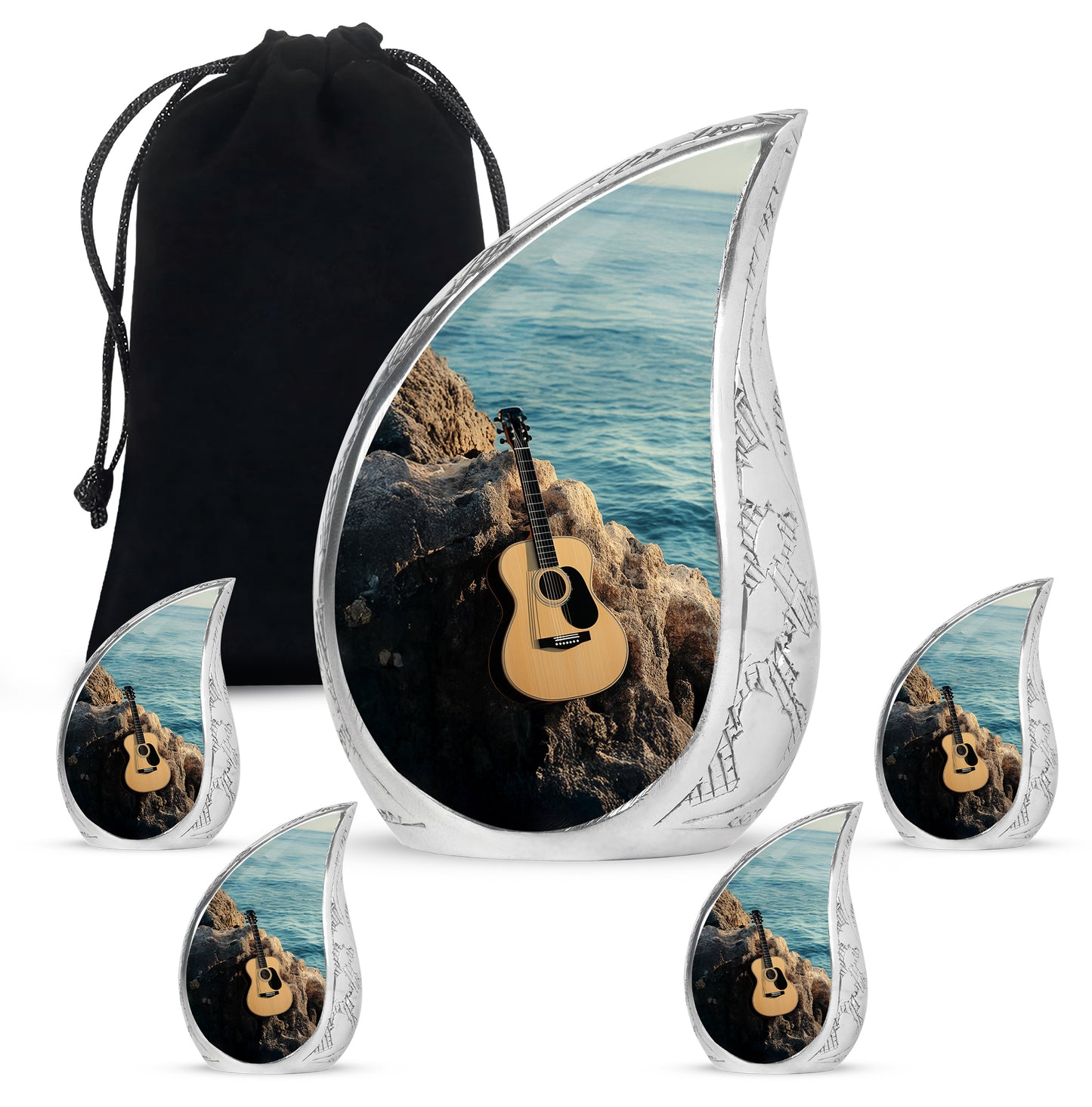 Soft Teal Guitar Cremation Urn side profile showing urn shape - rounded teardrop guitar design with delicate detail - memorial set with one large and four small urns