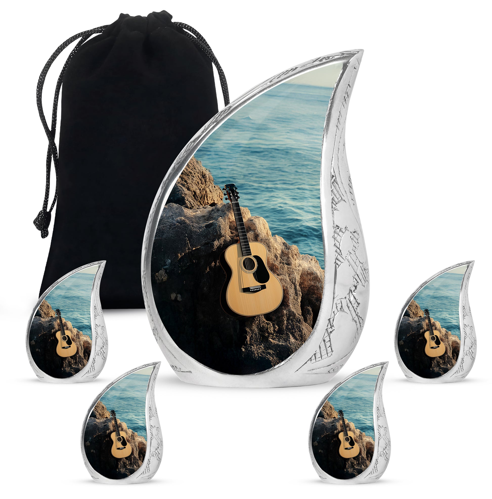 Soft Teal Guitar Cremation Urn side profile showing urn shape - rounded teardrop guitar design with delicate detail - memorial set with one large and four small urns