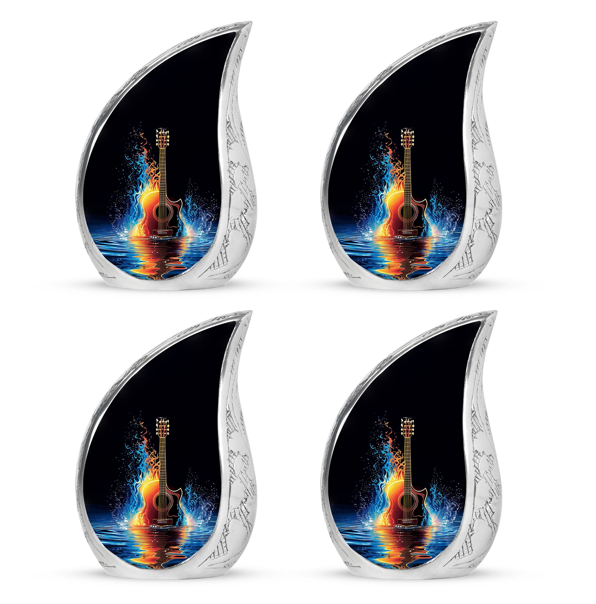 Jet Black Guitar Cremation Urn close-up of engraving and surface detail - flowing teardrop guitar silhouette on curved aluminum - 10 inch aluminum urn for cremated remains