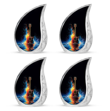 Jet Black Guitar Cremation Urn close-up of engraving and surface detail - flowing teardrop guitar silhouette on curved aluminum - 10 inch aluminum urn for cremated remains