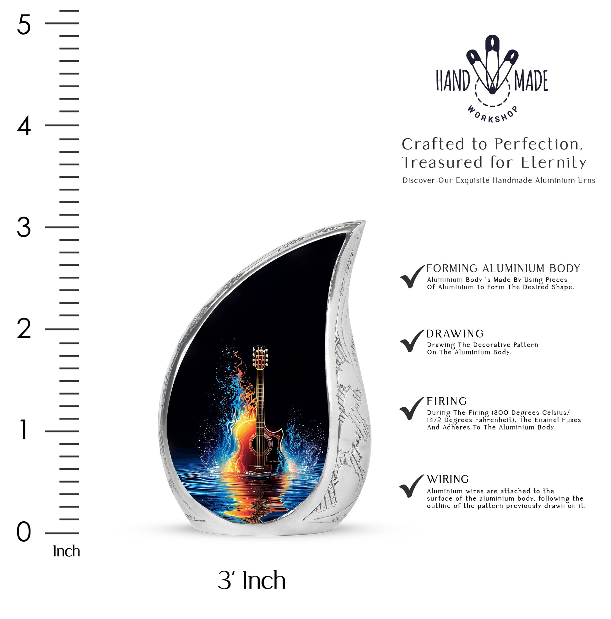 Glossy Black Guitar Cremation Urn angled view of lid and engraved motif - flowing teardrop guitar silhouette on curved aluminum - mini keepsake memorial for portion of cremation ashes