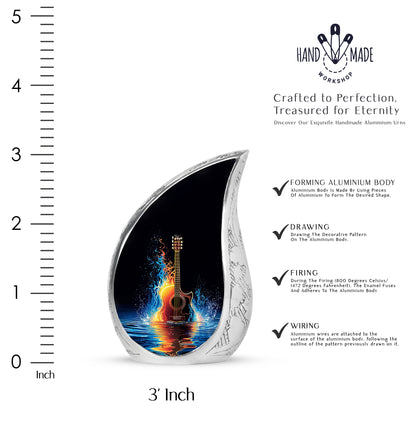 Glossy Black Guitar Cremation Urn angled view of lid and engraved motif - flowing teardrop guitar silhouette on curved aluminum - mini keepsake memorial for portion of cremation ashes