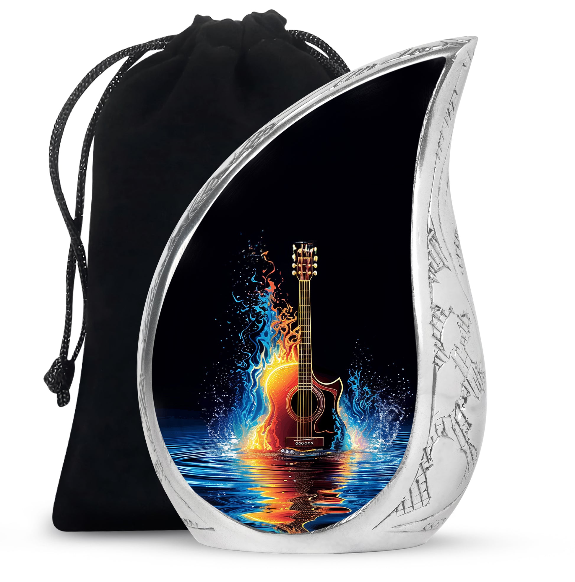Deep Black Guitar Cremation Urn front view showing detailed design - rounded teardrop guitar design with delicate detail - full-size 10 inch 200 cubic inch adult cremation urn