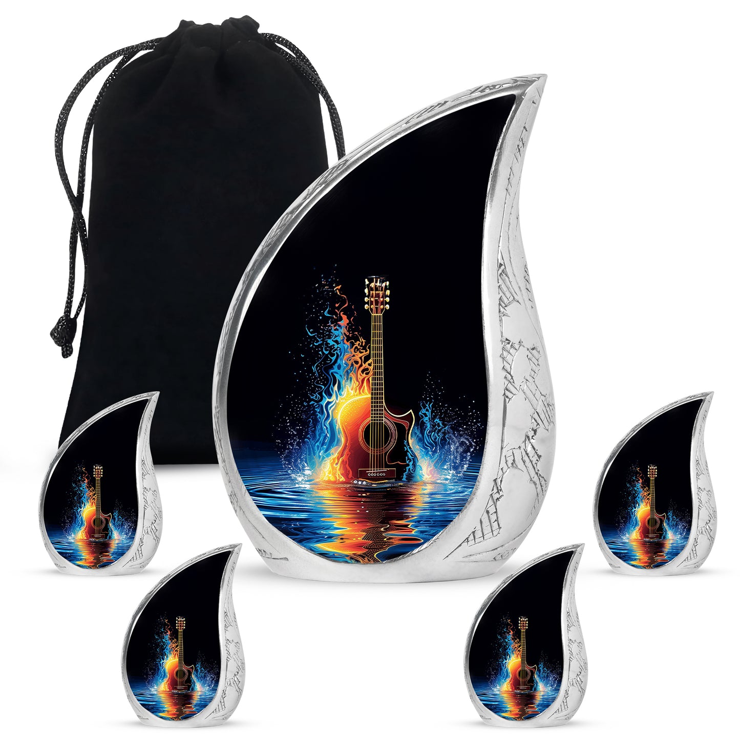 Dark Black Guitar Cremation Urn side profile showing urn shape - graceful tear-shaped urn with guitar motif - memorial set with one large and four small urns