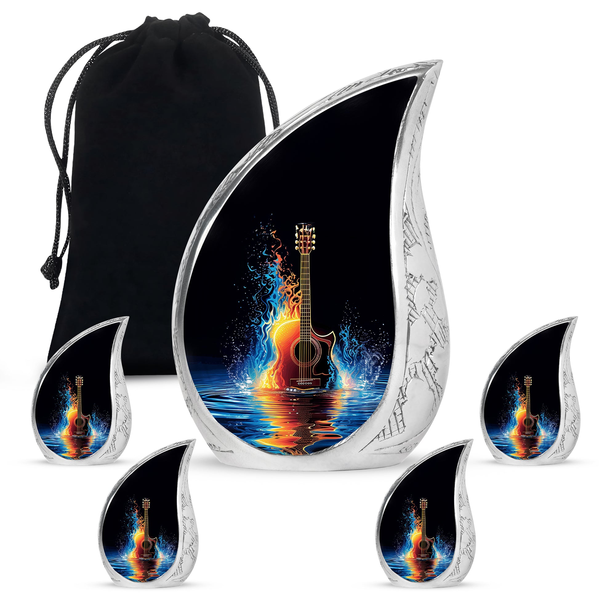 Dark Black Guitar Cremation Urn side profile showing urn shape - graceful tear-shaped urn with guitar motif - memorial set with one large and four small urns