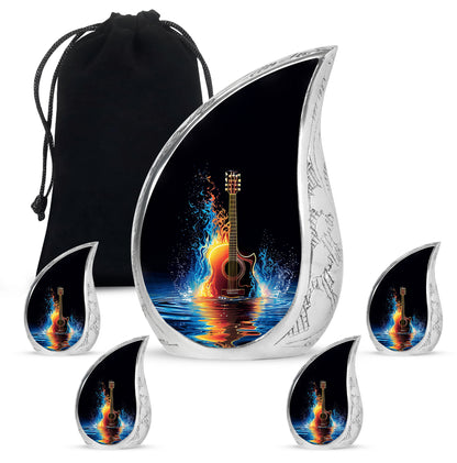 Dark Black Guitar Cremation Urn side profile showing urn shape - graceful tear-shaped urn with guitar motif - memorial set with one large and four small urns