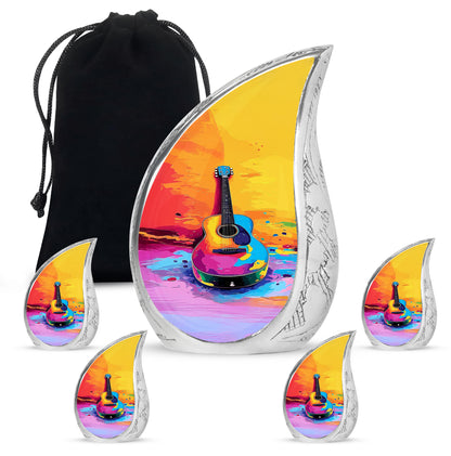 Warm Gold Guitar Cremation Urn side profile showing urn shape - smooth teardrop contour featuring guitar art - memorial set with one large and four small urns