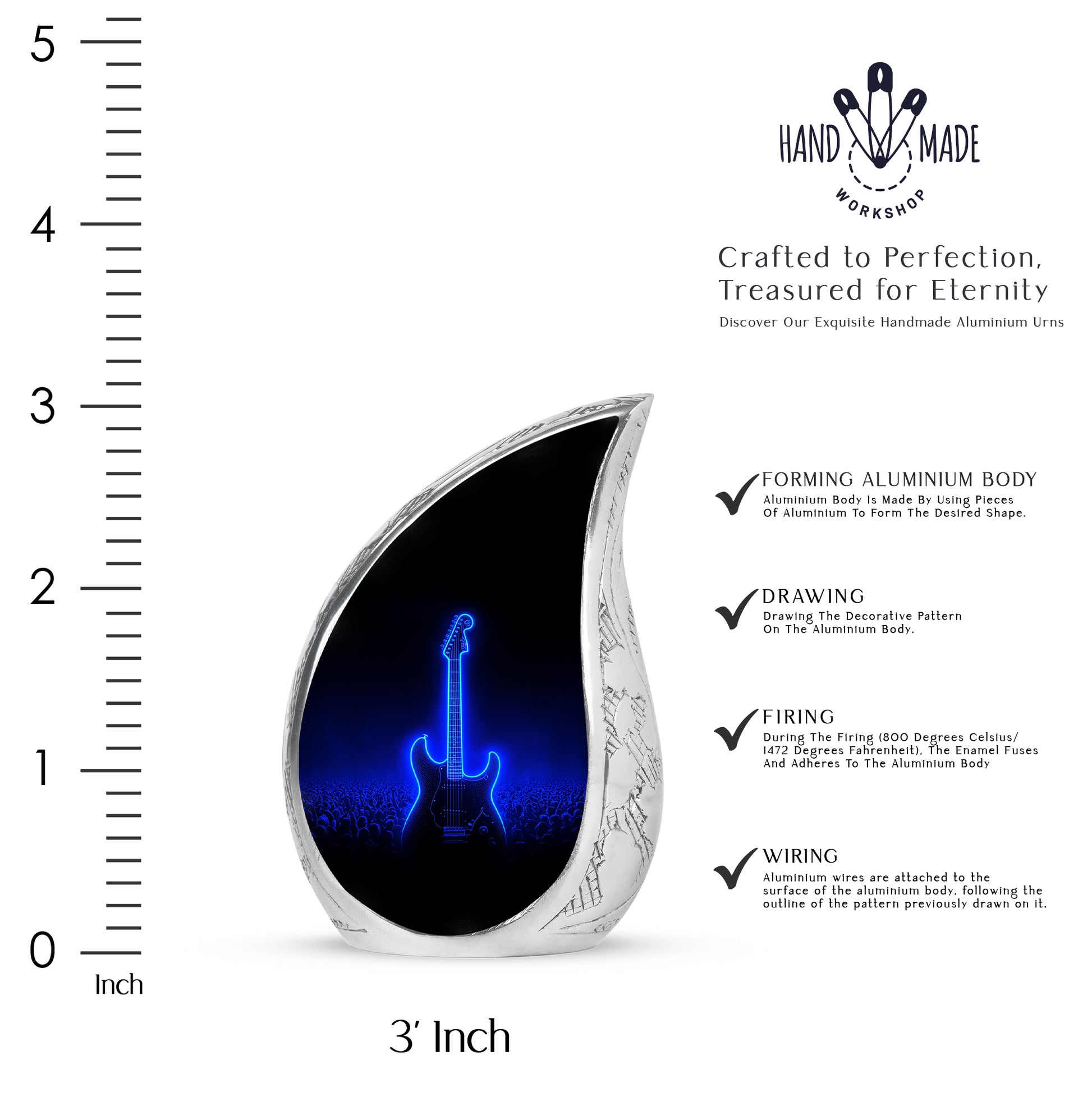 Glossy Black Guitar Cremation Urn angled view of lid and engraved motif - rounded teardrop guitar design with delicate detail - mini keepsake memorial for portion of cremation ashes